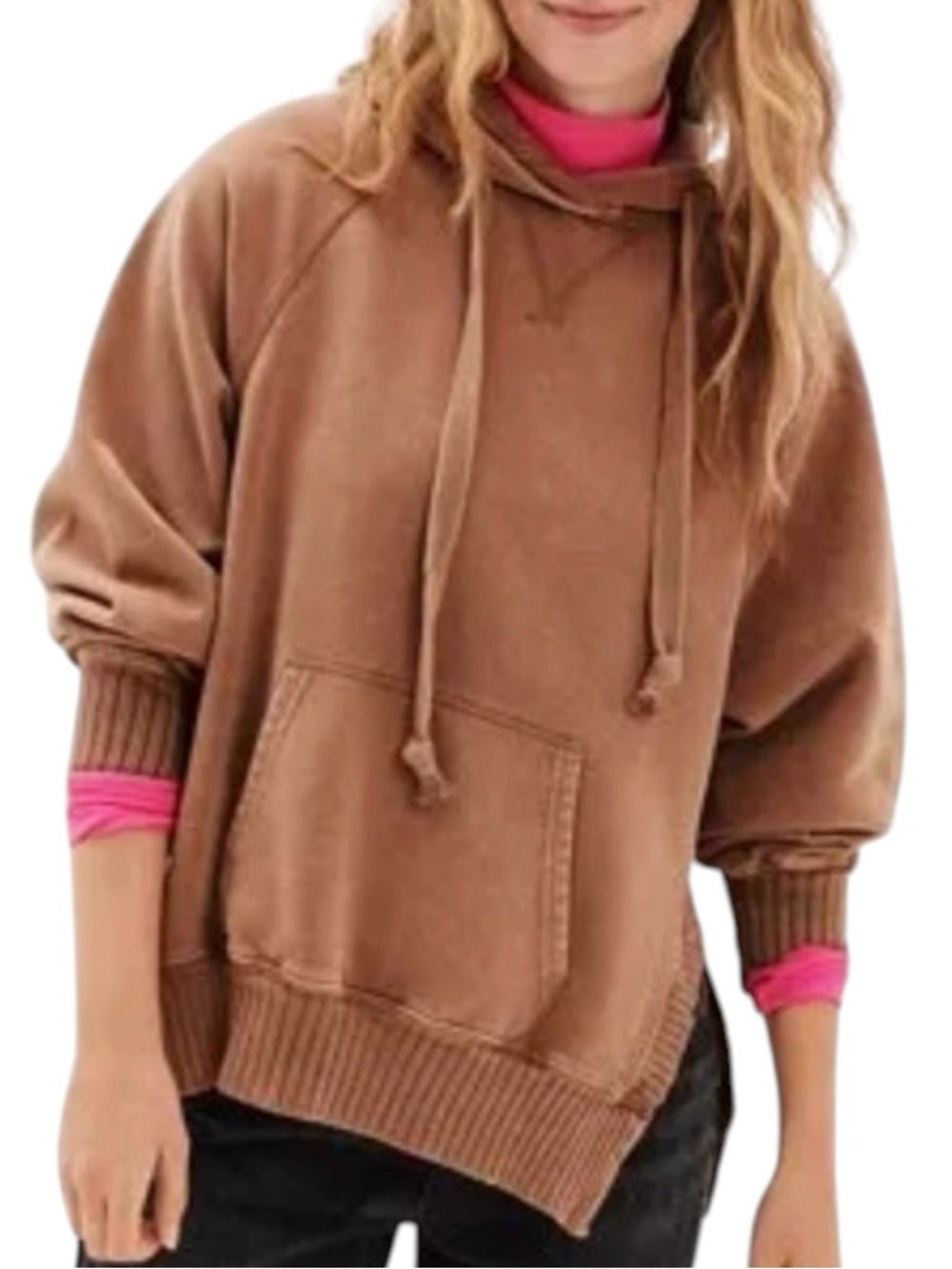 American Eagle Tan Brown Oversized  Hangout Hoodie Split Sides women’s XL casual